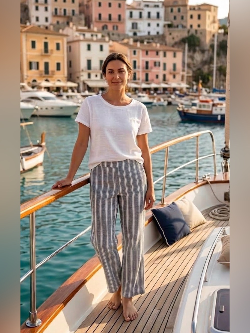 Chicos Striped 100% linen Pull On Wide Leg Pants - White & Navy Blue